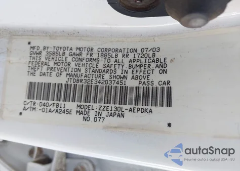 2004 Toyota Corolla Ce z USA, uszkodzony, nr VIN JTDBR32E342037451